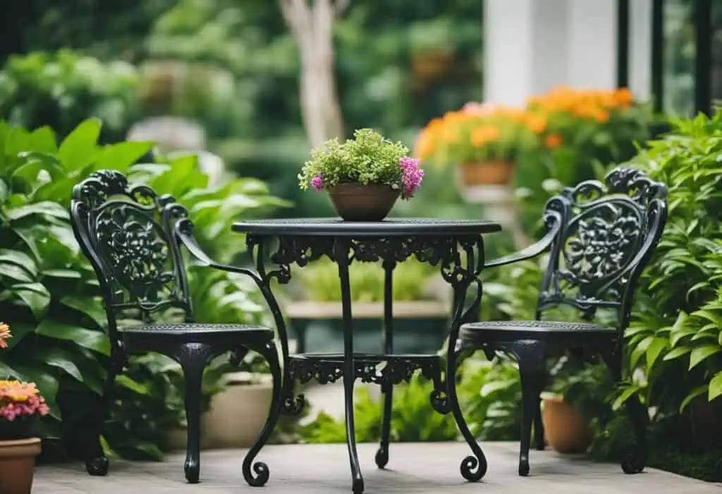 Elegant cast iron garden furniture set in lush outdoor setting.