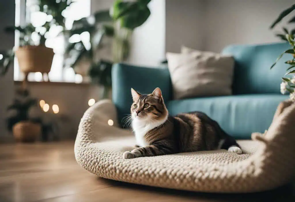 Cat relaxing on a plush bed in a stylish, cozy living room setting.