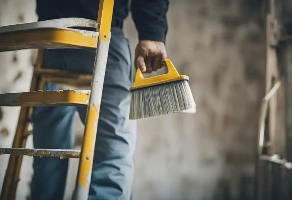 Man cleaning ladder during ceiling renovation process.
