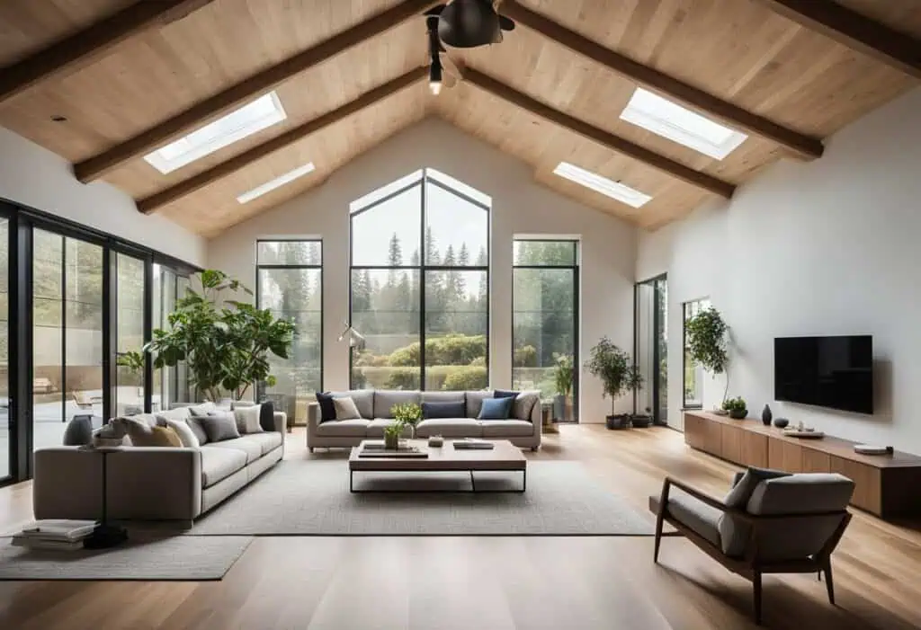 Bright living room with vaulted ceiling, large windows, and stylish furniture.