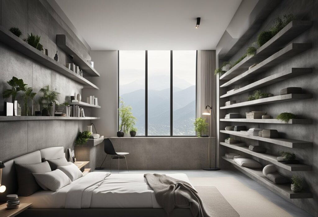 cement shelves design in bedroom