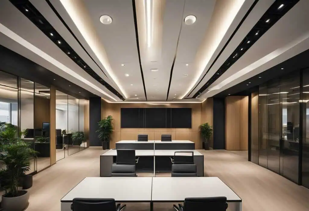 Elevated workspace ceiling with contemporary lighting and stylish accents for executive offices.