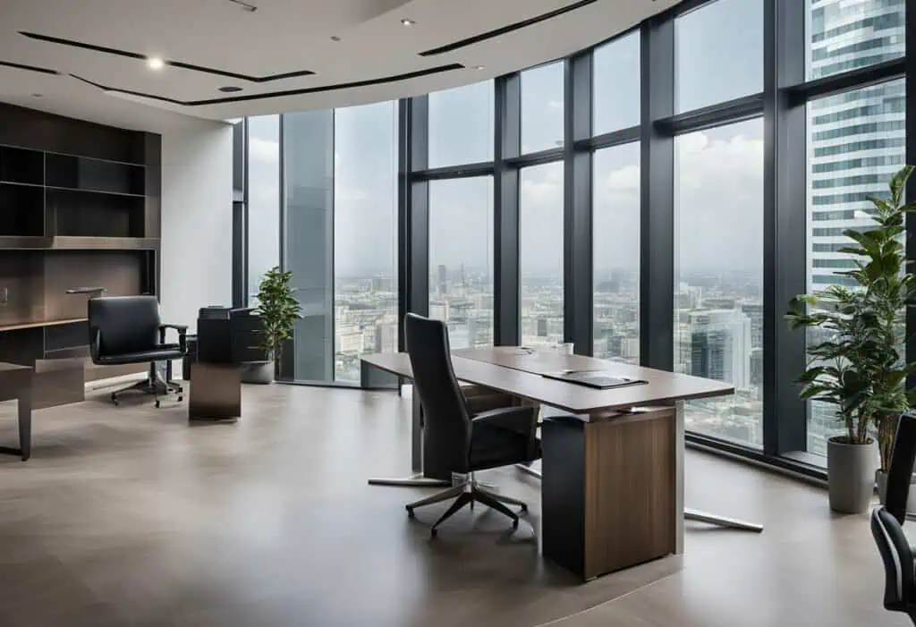 Elegant executive workspace featuring large windows and panoramic cityscape views. Perfect for inspi.