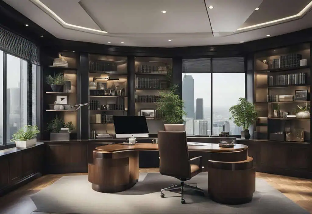 CEO Office Interior Design with elegant dark wood furniture and large windows overlooking the city s.