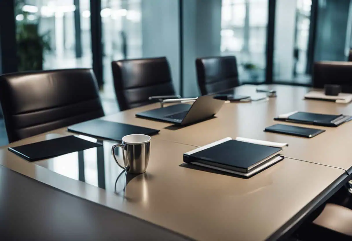 CEO office table with sleek design, laptops, notebooks, and coffee mugs in a professional workspace.
