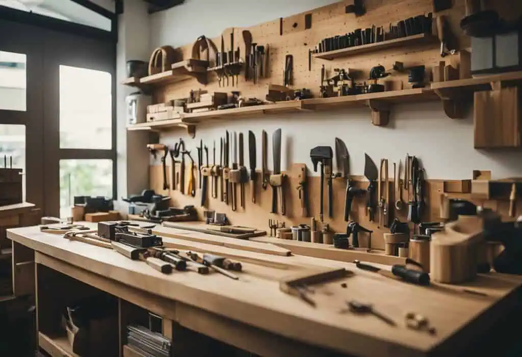 High-quality woodworking tools arranged on a wall in a professional carpentry workshop.