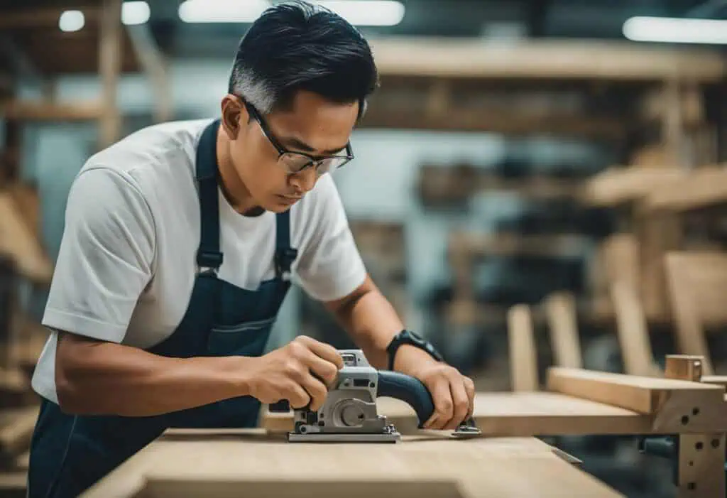 Carpenter using a power tool to craft wood furniture in a professional workshop.