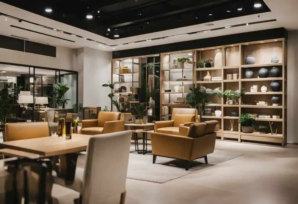 Elegant furniture display with contemporary sofas and wooden shelving units in a spacious showroom.