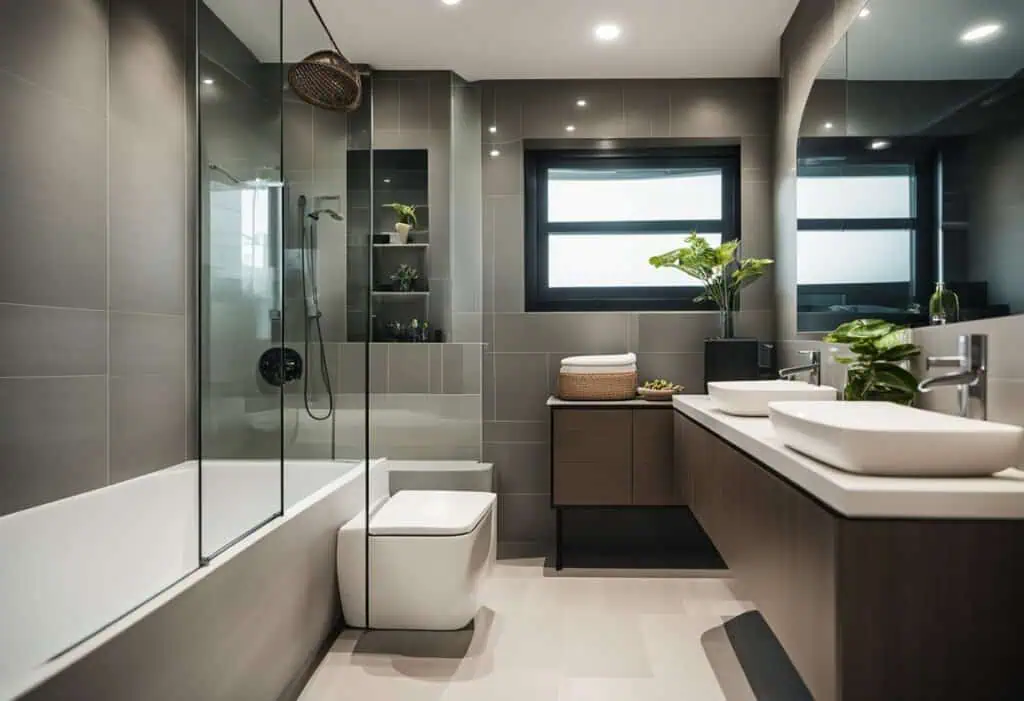 Stylish modern bathroom with sleek fixtures and gray tiles in Singapore.