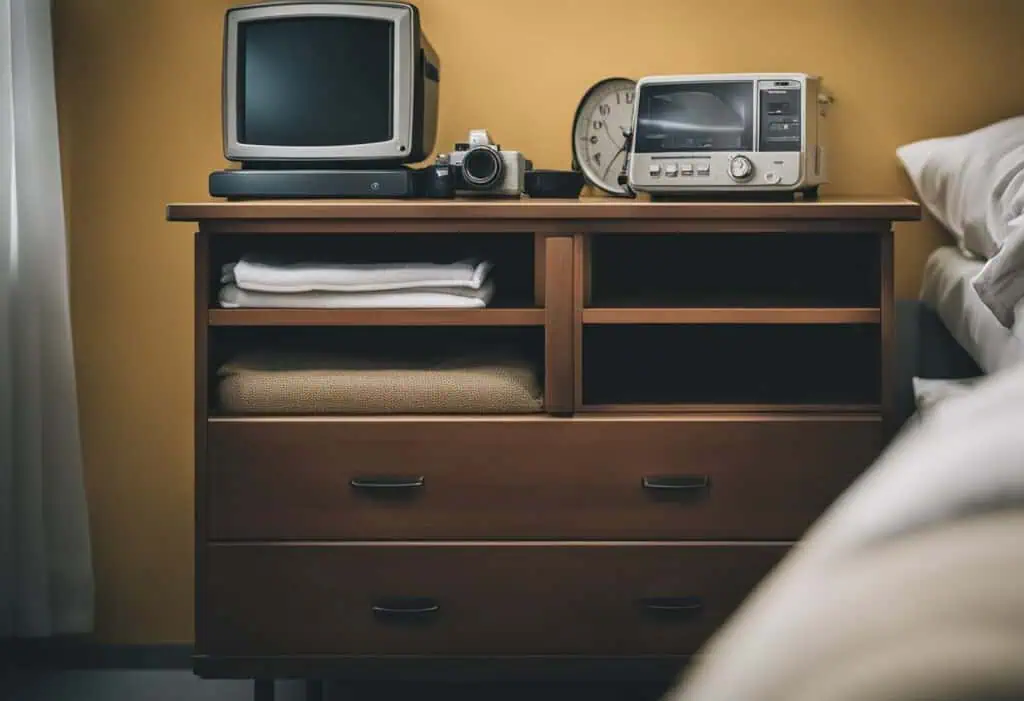 Stylish bedroom furniture with vintage TV, radio, and clock for a cozy, affordable home setup.
