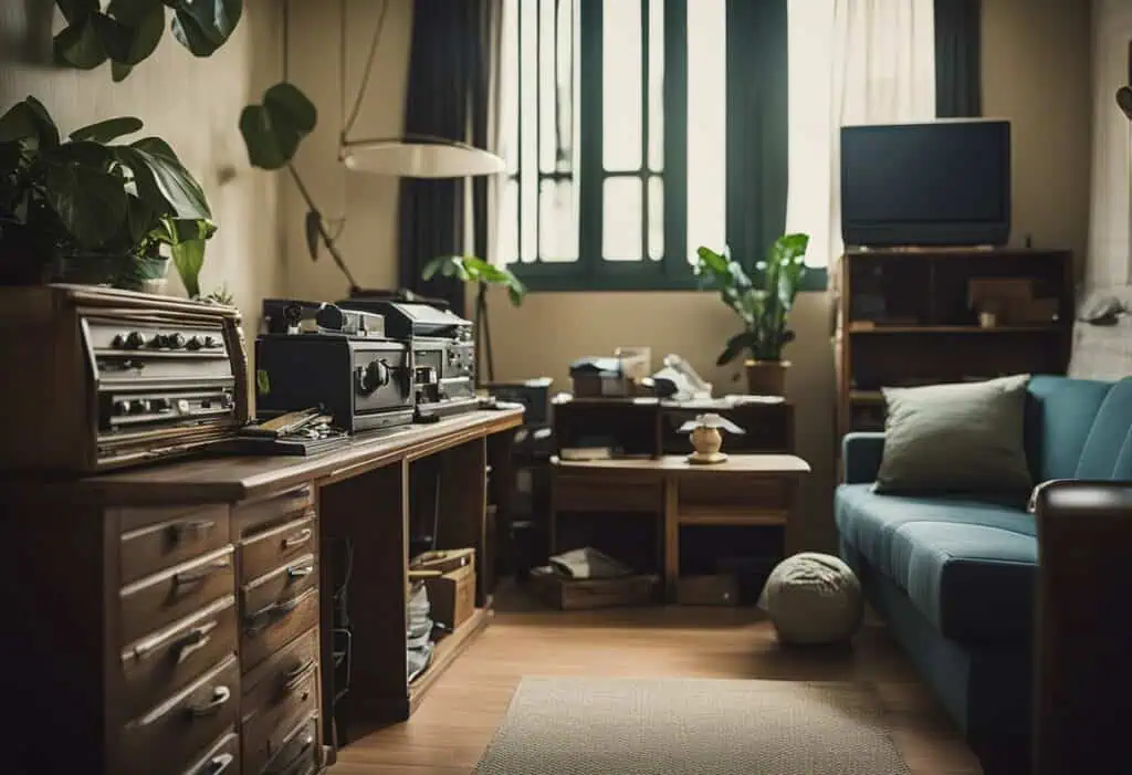 Vintage-style living room with wooden furniture and modern decor.