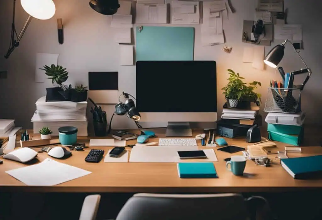 Efficient office setup with computer, stationery, and plants for a budget-friendly workspace.