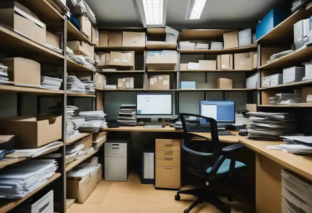 Efficient office storage with shelves and boxes for organized workspace in Singapore. Perfect for af.