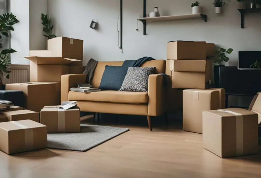 Moving boxes and furniture in a stylish, minimalist living room for a new home setup.