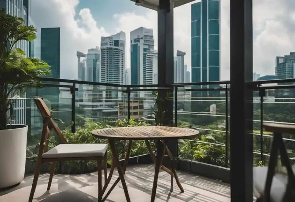 Outdoor balcony furniture with wooden table and chairs in Singapore cityscape.
