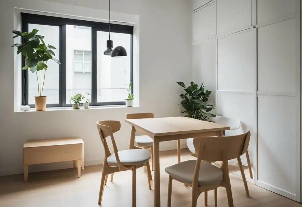 Scandinavian-style dining area with natural wood table and chairs in bright, minimalist space.
