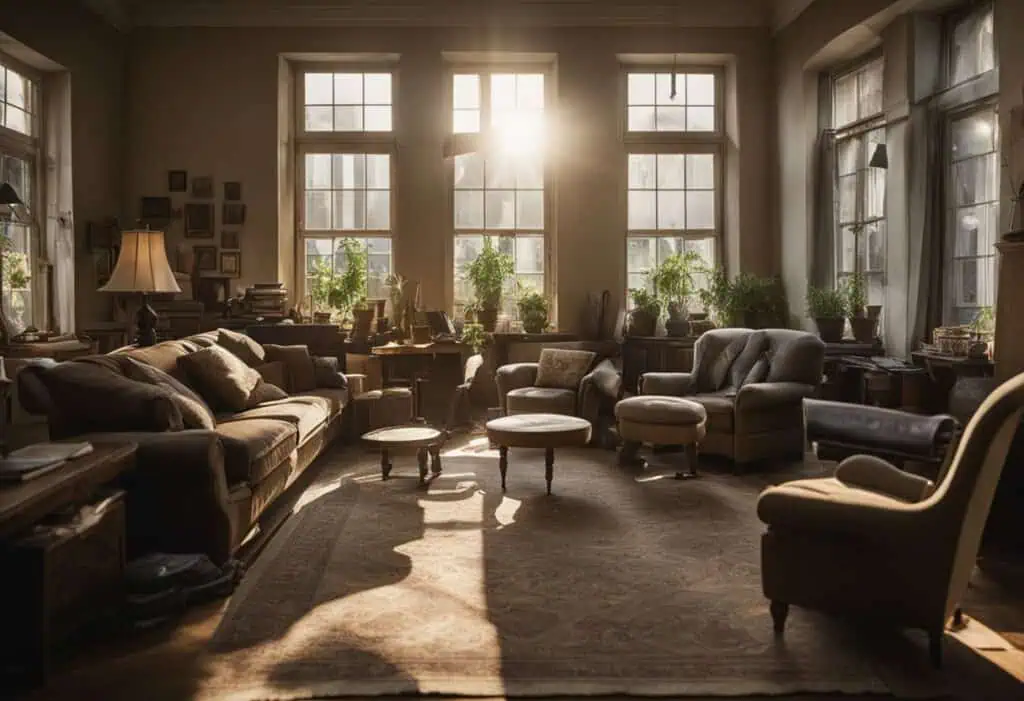 Elegant vintage living room with comfortable sofas and natural sunlight.