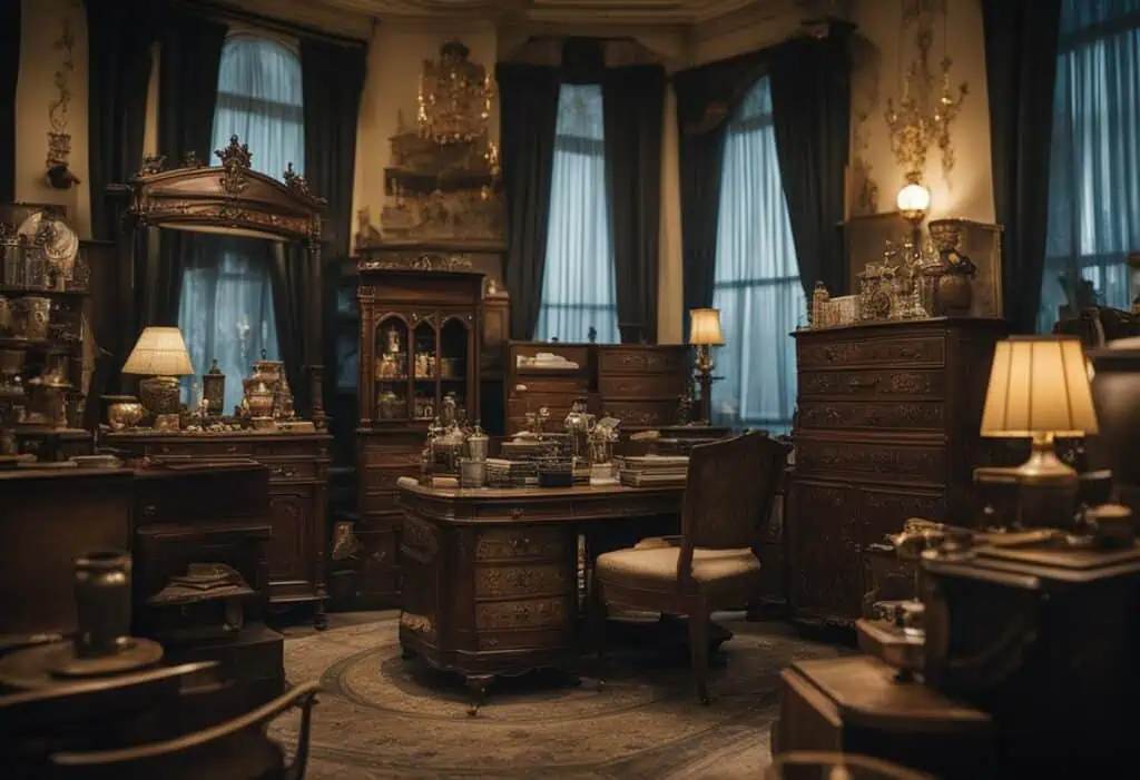 Victorian-style antique furniture pieces in a luxurious, vintage-inspired room setting.