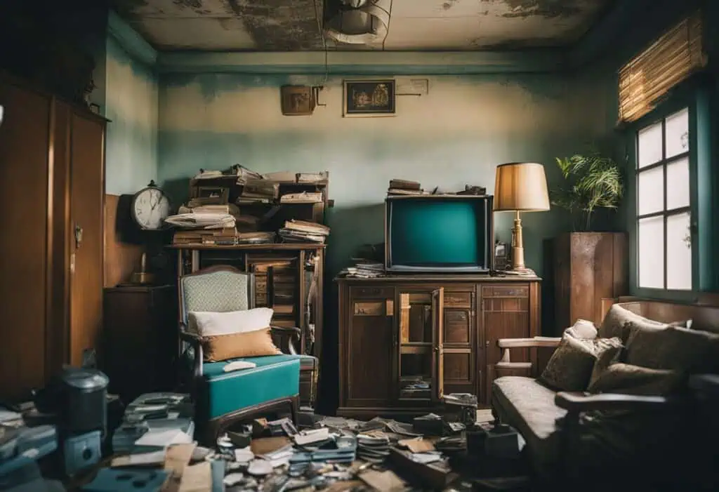 Vintage furniture and cluttered living room with worn-out decor and scattered papers.