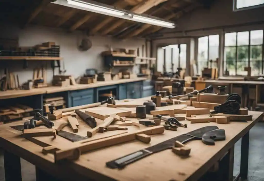 High-quality woodworking tools and materials in a professional carpentry workshop.