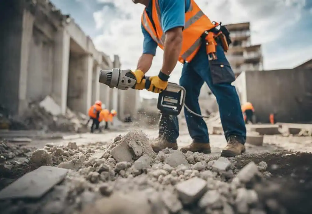 Renovation worker with power drill at a construction site for home improvement.