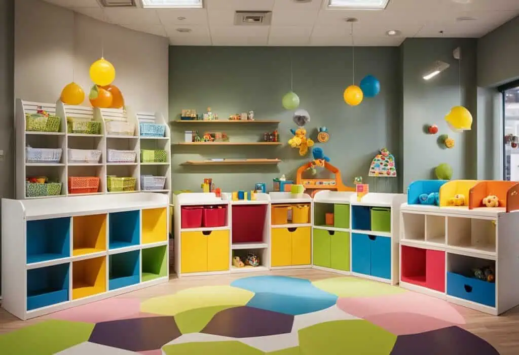Vibrant childcare furniture setup with colorful storage units and playful decor, ideal for nurseries.