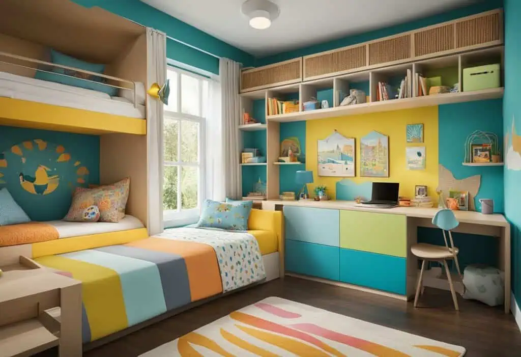 Bright children's bedroom featuring a bunk bed, vibrant decor, and organized study space for kids' c.