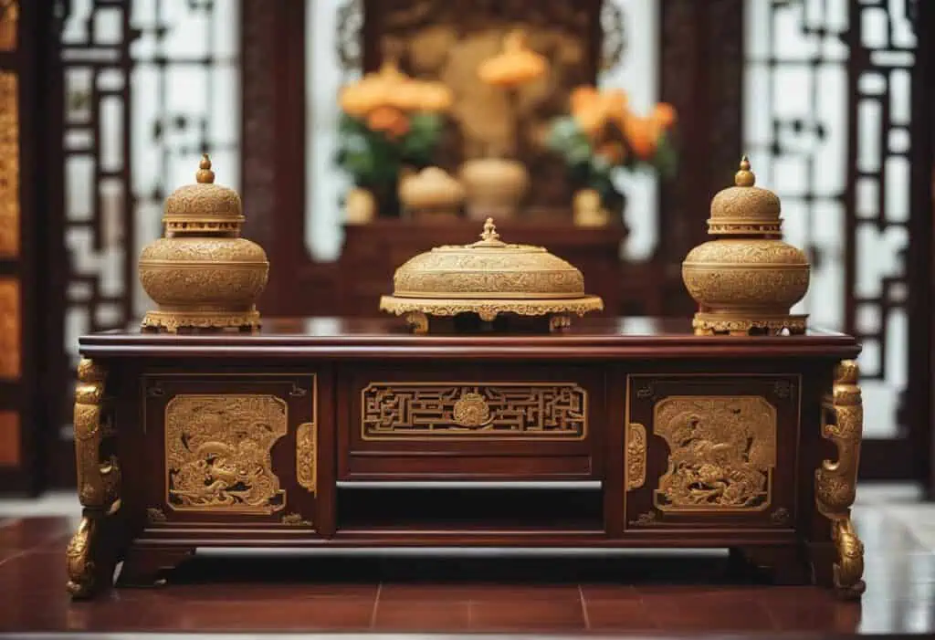 Traditional Chinese altar furniture with intricate gold details for elegant home decor.