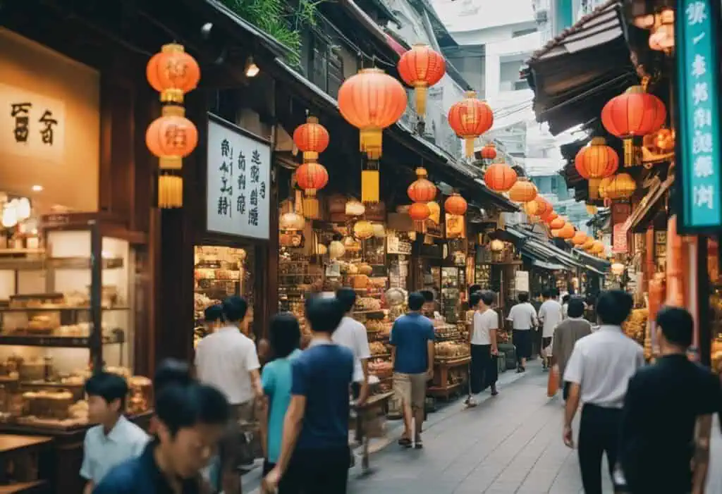 Colorful Chinatown street scene featuring hanging red lanterns and bustling shoppers in Singapore.