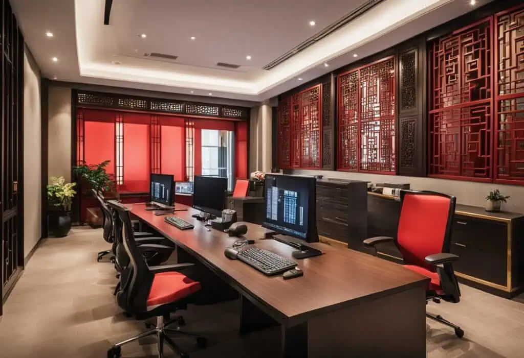 Contemporary Chinese office design featuring red decorative panels and ergonomic workstations.