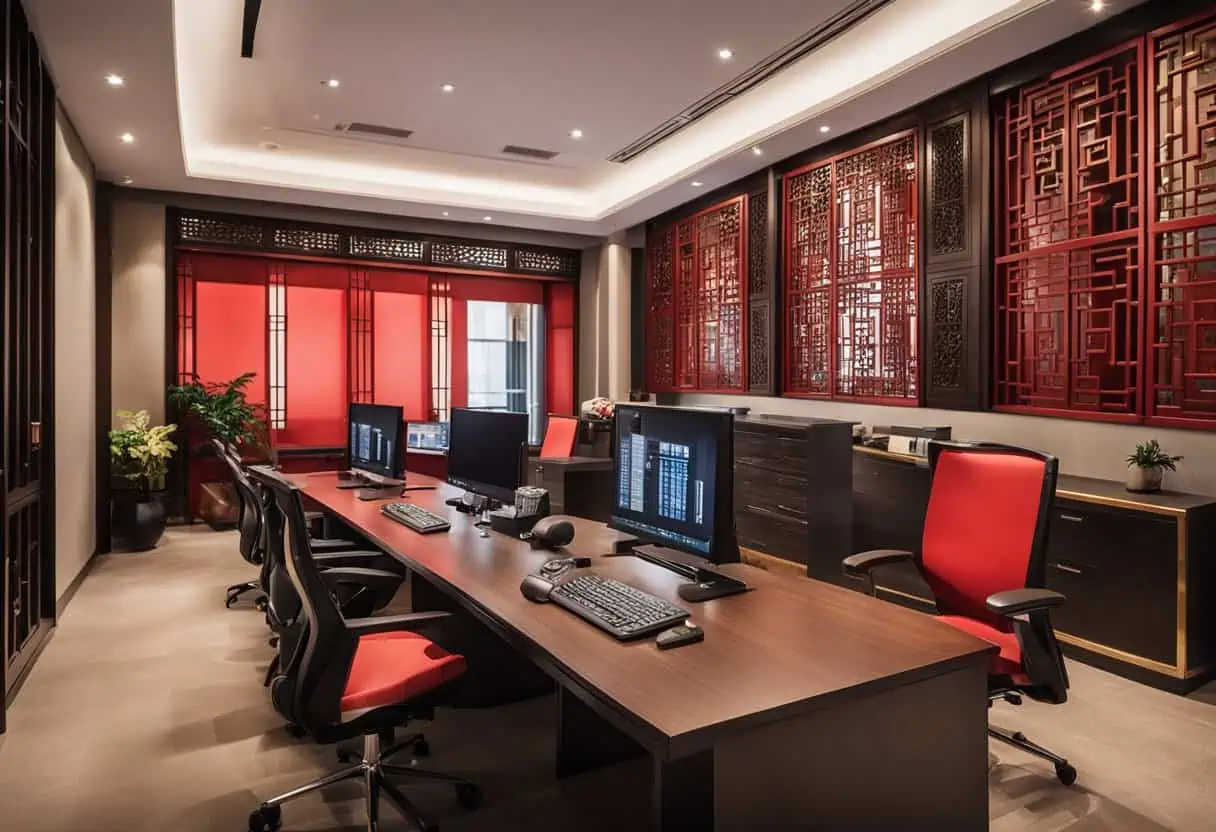 Contemporary Chinese office design featuring red decorative panels and ergonomic workstations.