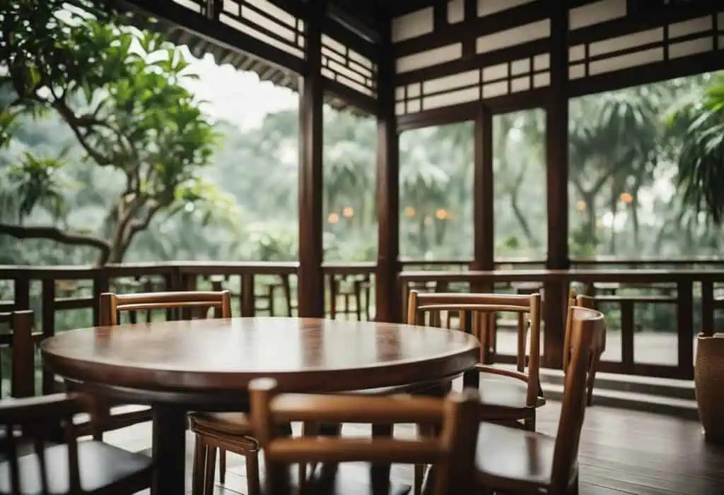 Chinese-style wooden furniture Singapore: Elegant outdoor dining table and chairs in a tranquil gard.