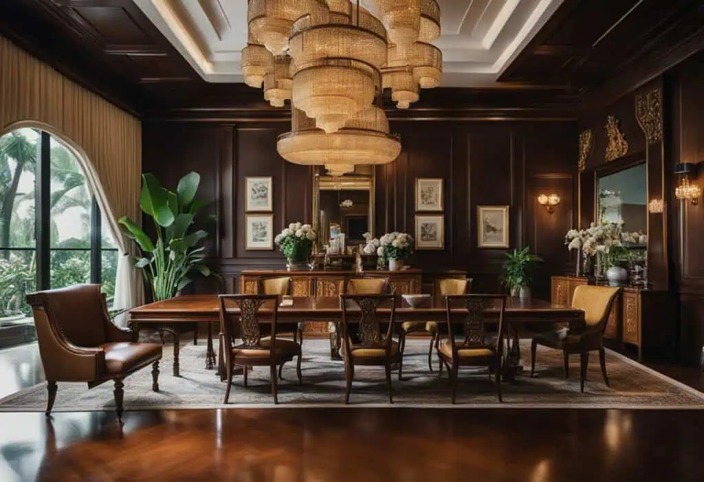 Elegant dark wood dining room with classic furniture and lush greenery in Singapore.