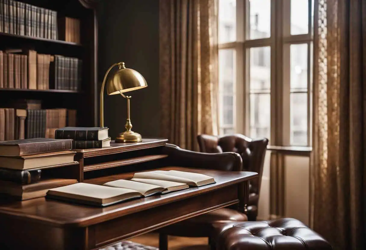 Elegant home office with vintage furniture and warm lighting for a productive workspace.