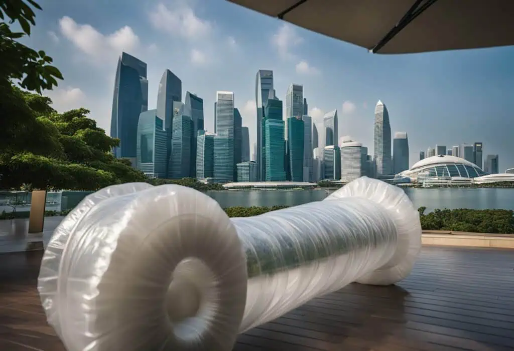Transparent cling wrap protecting outdoor furniture in Singapore skyline.