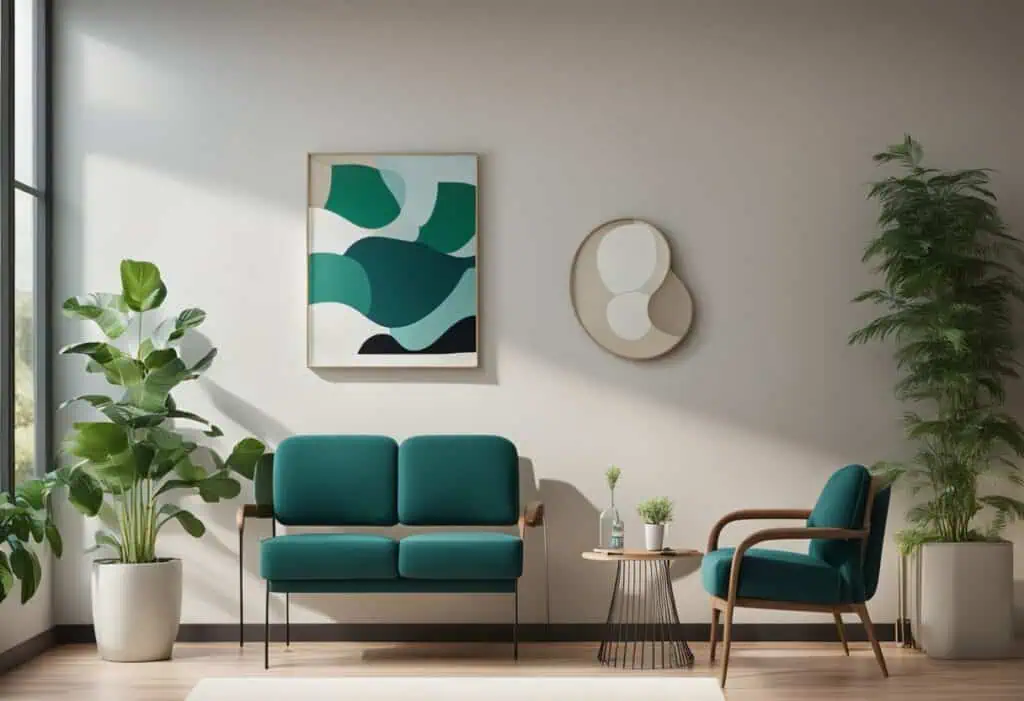Modern clinic waiting room with green plants, artwork, and comfortable seating.