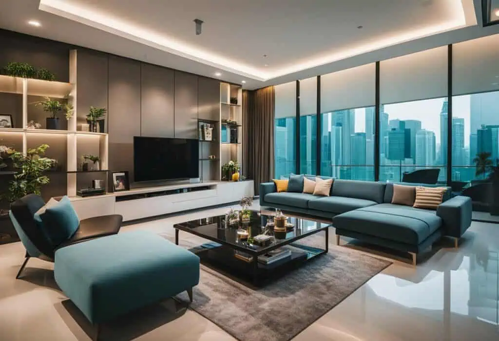 Stylish living room featuring contemporary furniture and panoramic city views in Singapore.