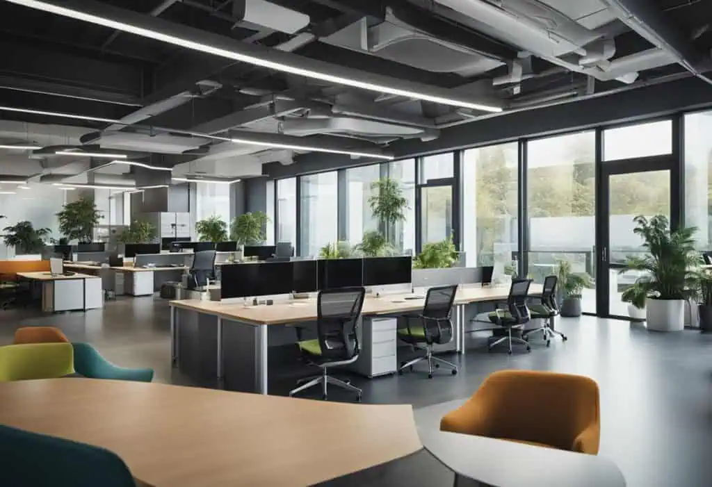 Open-plan office with desks, chairs, and abundant natural light for productivity.