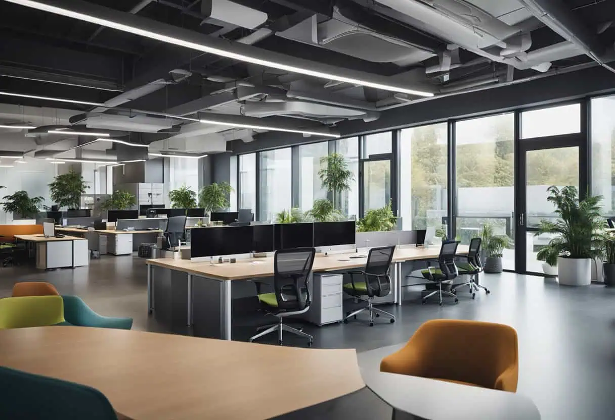 Open-plan office with desks, chairs, and abundant natural light for productivity.