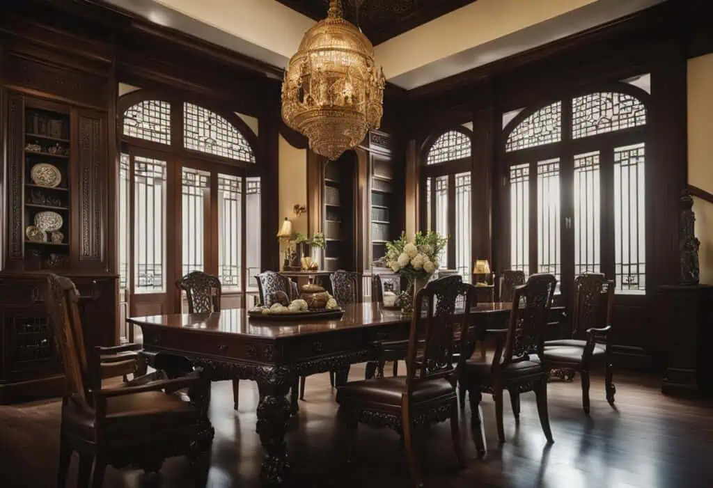 Elegant colonial style dining room with dark wood furniture and large windows.