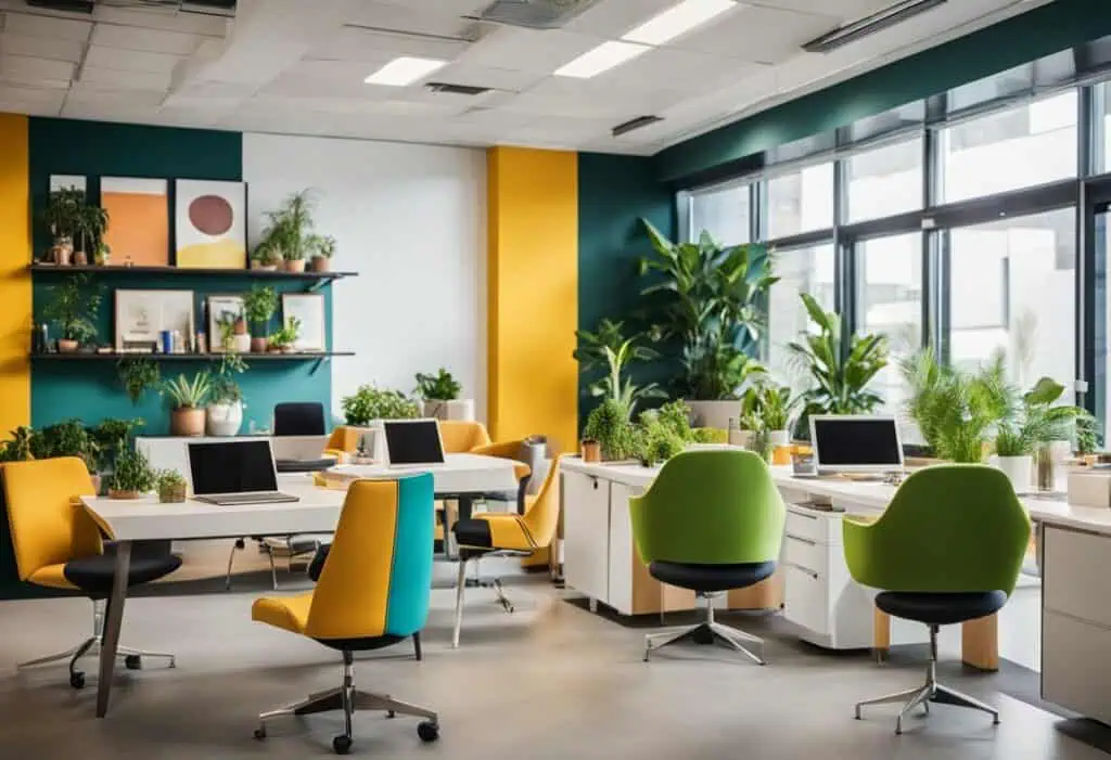 Bright, colorful office design featuring lively chairs, lush plants, and modern decor for an energet.