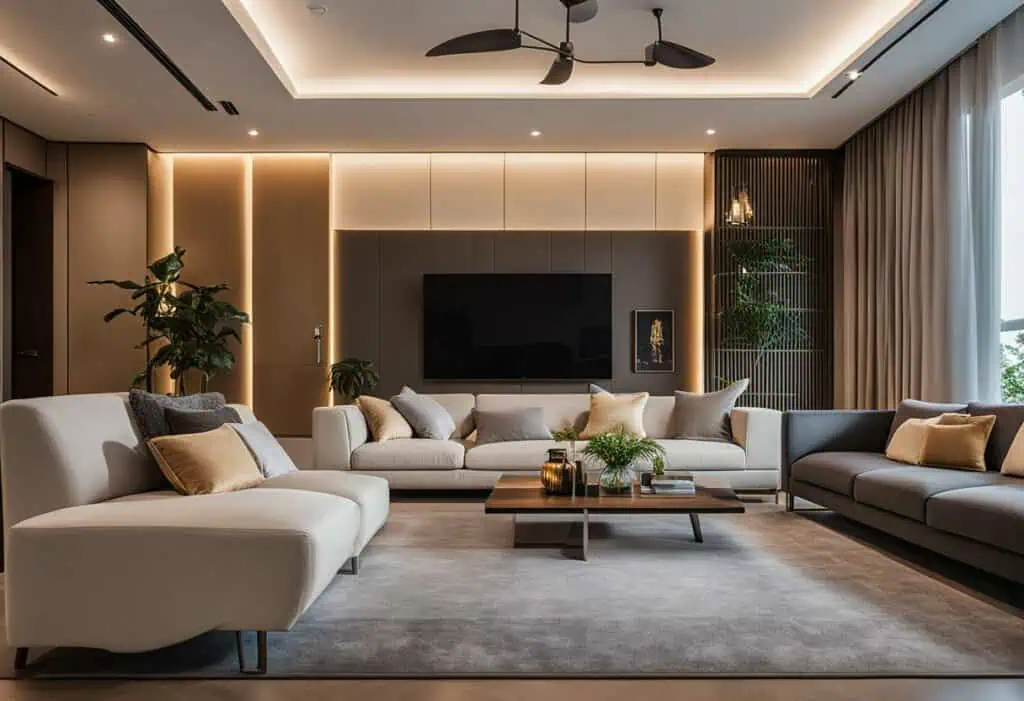 Elegant sofa set with plush cushions in a contemporary, cozy lounge setting.