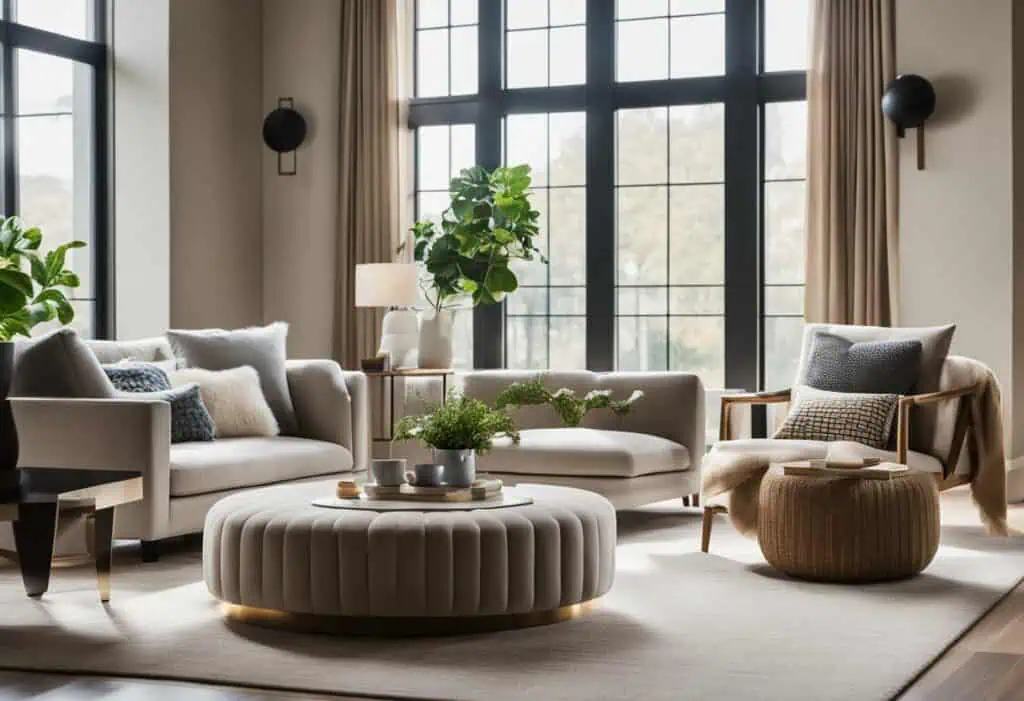 Elegant sofa set with plush cushions in a stylish, well-lit living room.