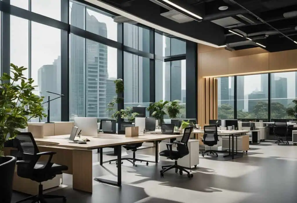 Contemporary office with modern desks and ergonomic chairs in a high-rise building.