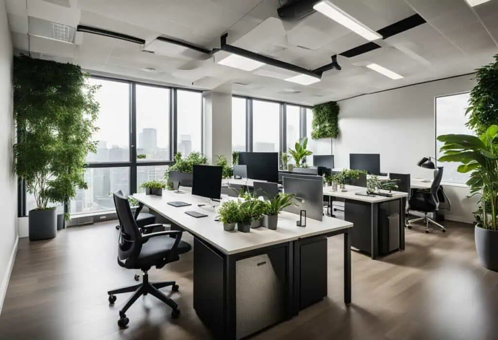 Bright office with ergonomic desks, plants, and natural light enhancing creativity.