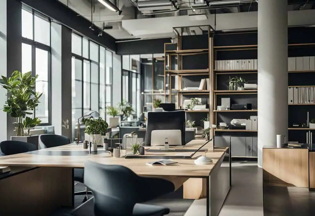 Bright, contemporary office designed for productivity with large windows and lush plants.