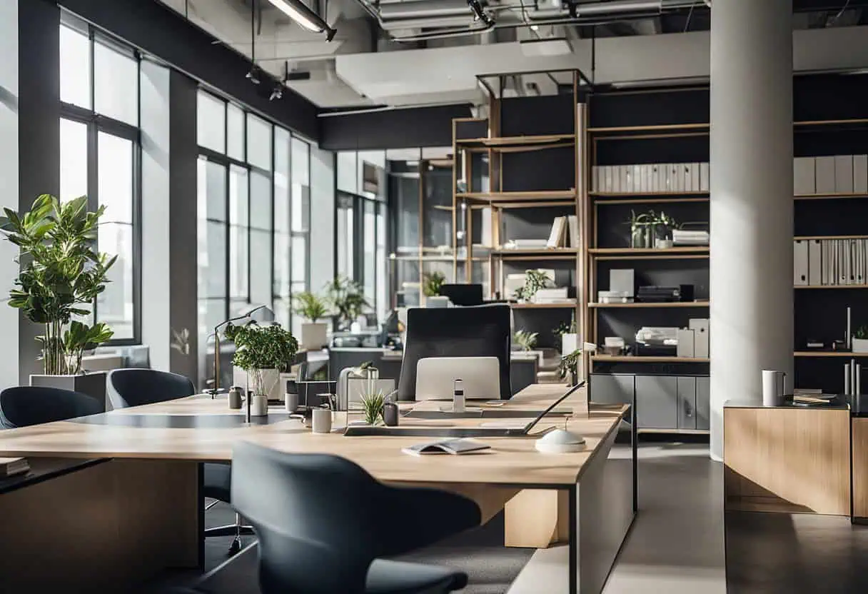 Bright, contemporary office designed for productivity with large windows and lush plants.