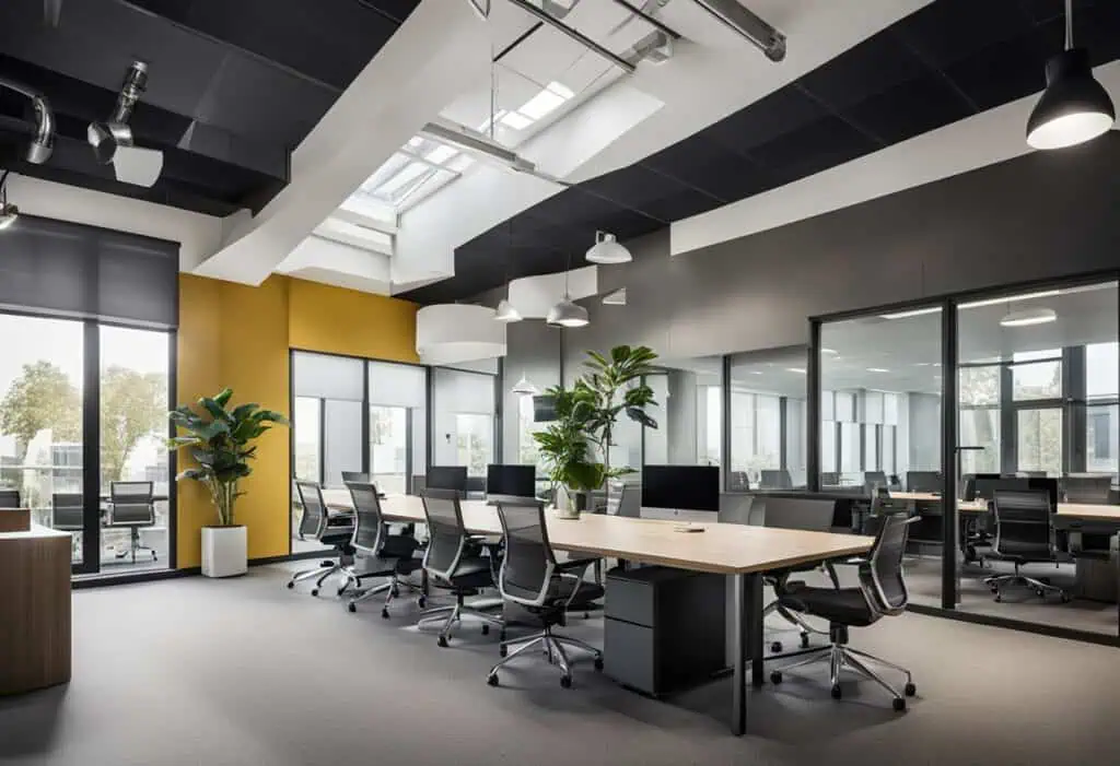 Bright, open-plan commercial office interior featuring ergonomic desks, large windows, and lush indo.