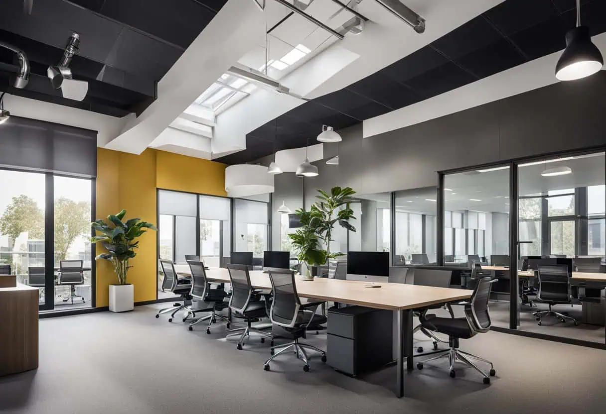 Bright, open-plan commercial office interior featuring ergonomic desks, large windows, and lush indo.