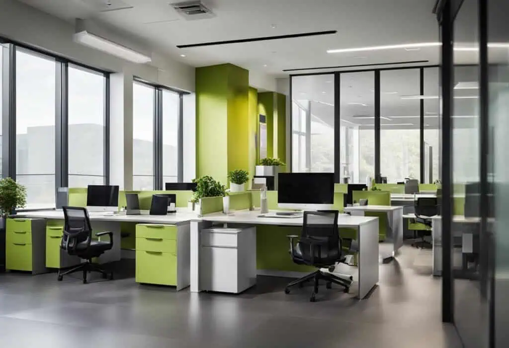 Bright, open-plan office with green and white desks, large windows, and ergonomic chairs for a produ.